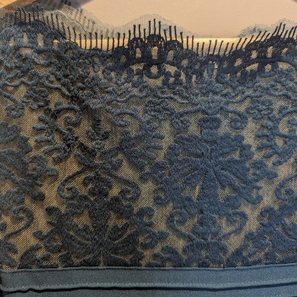 Tadashi Shoji Blue Pintuck Jersey & Illusion Lace Full Length Gown Size Medium - Picture 6 of 8